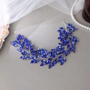 Bridal blue crystal rhinestone headband handmade leaf vine hair accessory for wedding party