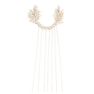Diadema de novia con hojas doradas y diamantes de imitación, cadenas largas, accesorio de boda.