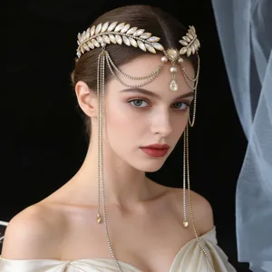 Diadema de frente de cristal de hoja de oro diadema de borla de diamantes de novia