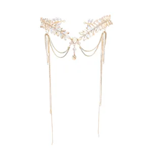 Cadena de frente dorada con pedrería y hojas tiara de novia accesorio para el cabello