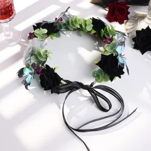Halloween schwarze Rosen Blumenkranz Haarreif mit blauen Schmetterlingen für Party Kostüm.