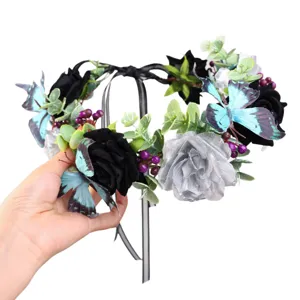 Halloween Gothic Blumenkranz Haarreif mit blauen Schmetterlingen und Rosen für Partykostüm.