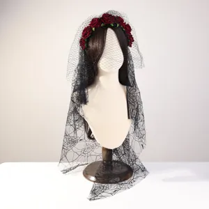 Diadema de velo negro gótico con rosas rojas, accesorio de pelo lolita de halloween