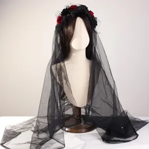 Diadema de corona de flores con velo negro gótico para fiesta de Halloween cosplay.