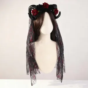 Gotische demonen hoorn sluier haarband met kunstmatige rozen voor cosplay en feest.