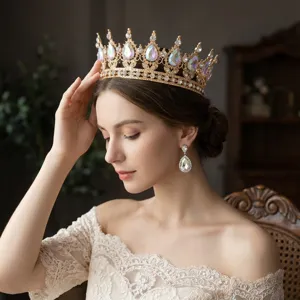Barock Legierung Strass Brautkrone Tiaras Für Damen Luxus Runde Königin Hochzeit Tiara Geburtstag Party Abschlussball Kopfschmuck Haarschmuck