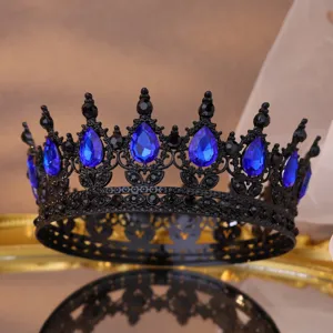 Barock Vollkreis Krone Schwarze Legierung Tiara Blaue Strass Braut Hochzeit Haarschmuck