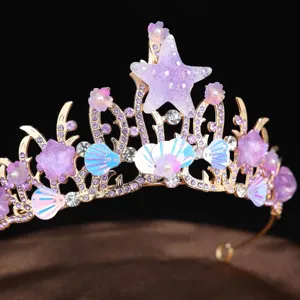 Gold starfish shell tiara detail, rhinestone crystal purple princess crown hair accessory.