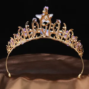 Exquisite gold crown headwear featuring starfish, flower and shell designs with iridescent details.