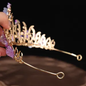 Gold princess tiara crown with purple floral crystals for women girls wedding hair accessories.