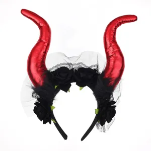 Gothic Halloween Teufelshörner Haarreif mit schwarzen Rosen und Schleier für Party Kostüm