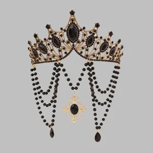 Gothischer schwarzer Strass-Krone Lolita Vintage Kopfschmuck mit Kreuz und Perlenketten.