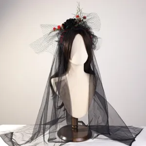 Diadema de velo negro gótico de Halloween con flores oscuras y tul largo para fiesta