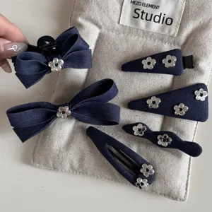 Denim blue cute flower bow hair clip set high-end exquisite bangs clip duckbill hair accessories