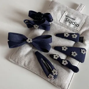 Denim Blue Cute Small Flower Bow Hairpin Alloy Duckbill Clip BB Clip Hair Styling Accessories For Women Daily Hairwear