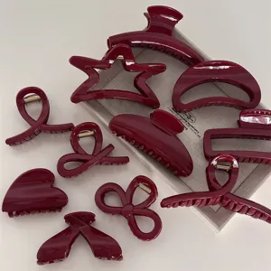 Wine red hair claw clips set, elegant geometric resin hair accessories for women and girls.