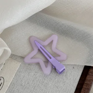Cute pastel purple star hair clip, sweet acrylic hollow pentagram duckbill hairpin for girls.