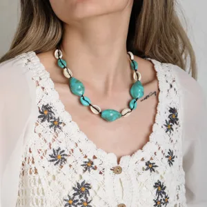 Boho turquoise stone shell necklace handmade beaded vintage statement jewelry for women