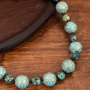 Retro blue gold pattern beaded necklace detail shot, ethnic style handmade jewelry for women