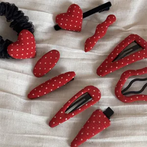 Red polka dot fabric hair clips set sweet heart hair styling accessories for women