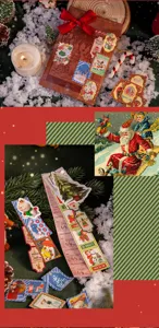 Livre d'autocollants rétro de Noël vue détaillée, ensemble de stickers décoratifs de fête.