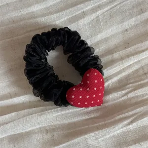 Black mesh scrunchie with red polka dot heart charm, sweet Korean style hair accessory for women.