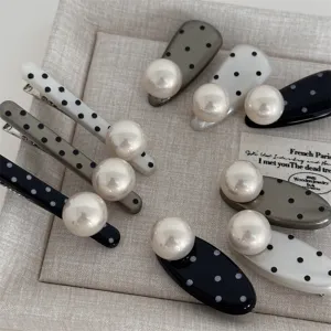 Cute Black And White Polka Dot Pearl Duckbill Hair Clip Sweet Versatile Oval Hairpin Bangs Side Clip Hair Accessories For Women
