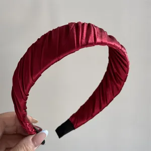 Burgundy pleated satin headband, stylish vintage hair accessory for daily wear and chic looks.
