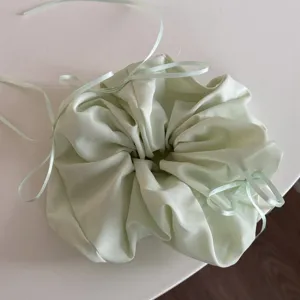 Chouchou à cheveux en satin vert clair avec rubans, nœud papillon doux détail pour femme.