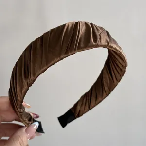 Brown pleated fabric headband retro wide hair hoop elegant hair accessory for women daily wear
