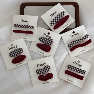Koreaans vintage rood ruitje haarspelden set, schattige hart geometrische zijclips vrouwen meisjes.