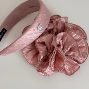 Pink bubble yarn hair hoop and large ruffled scrunchie set, sweet floral design accessory.