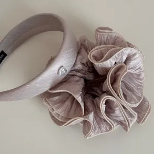 Shimmery satin padded headband and large ruffled scrunchie set, elegant women hair accessories.