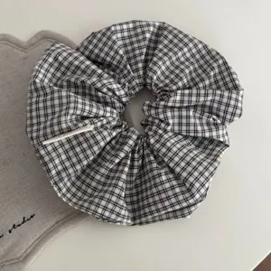 Black and white plaid hair scrunchie, fabric hair tie, retro mori style hair accessories.
