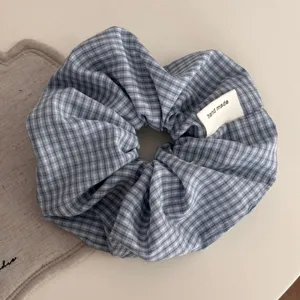 Sky blue plaid fabric hair scrunchie, retro handmade hair rope versatile hair accessory.