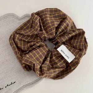 Vintage brown plaid fabric hair scrunchie, soft elastic hair tie for women and daily wear.