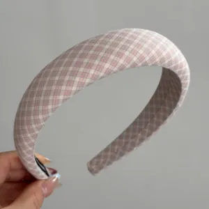 Pink white gingham padded headband, elegant fabric hair hoop for women and girls daily wear detail.
