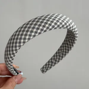 Classic black and white plaid fabric headband, retro wide hair hoop for daily styling.