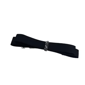 French minimalist black satin bow hair clip with sparkling rhinestones, elegant hair accessory.