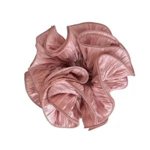 Chic pink pleated bubble chiffon scrunchie, lightweight hair tie for stylish everyday buns.