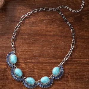 Vintage ethnic turquoise statement necklace for women, bohemian style alloy chain choker jewelry.