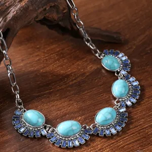 Vintage ethnic style turquoise rhinestone necklace, gothic statement collar jewelry for women.