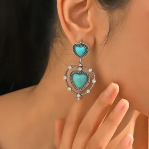 Vintage bohemian turquoise heart drop earrings, silver tone geometric dangle jewelry for women.