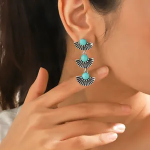 Bohemian vintage turquoise dangle earrings, ethnic fan-shaped drop earrings for women.