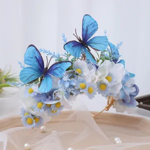 Blue butterfly silk flower crown hair hoop elegant fairy wedding bridal hair accessories photo prop