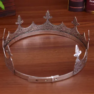 Retro silver metal king crown for men, vintage gothic tiara headpiece for party costume.