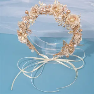 Gold bridal flower crown headband with pearl leaves and ribbon for wedding hair styling decor