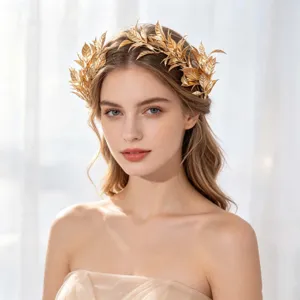 Bridal Gold Leaf Headband Handmade Simulated Floral Wreath Hair Band Romantic Wedding Party Women Jewelry Maple Leaf Hair Garland Accessories