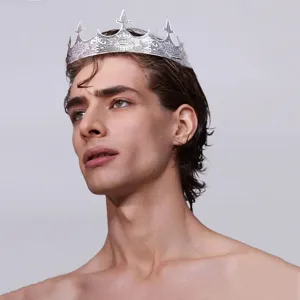 Vintage Metal Men Crown Hair Jewelry Antique Silver Royal Luxury Full Round Prince Tiara Headband For Stage Performance Costume Party Wedding Accessories