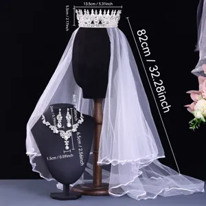 Luxury bridal tiara veil necklace earrings set sparkling rhinestone wedding accessories